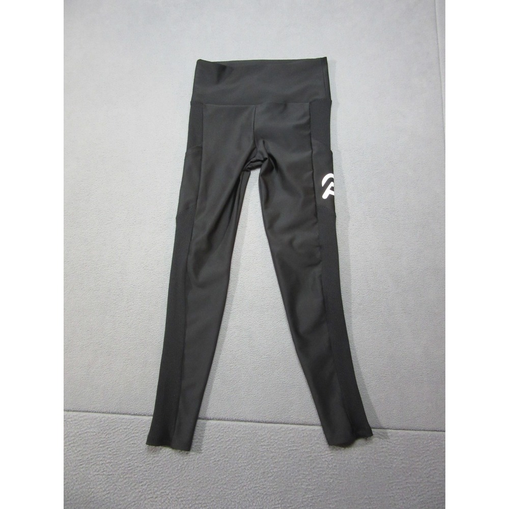 Peloton Leggings Womens Medium Black Ribbed Stretch Logo Mid Rise Gym Workout